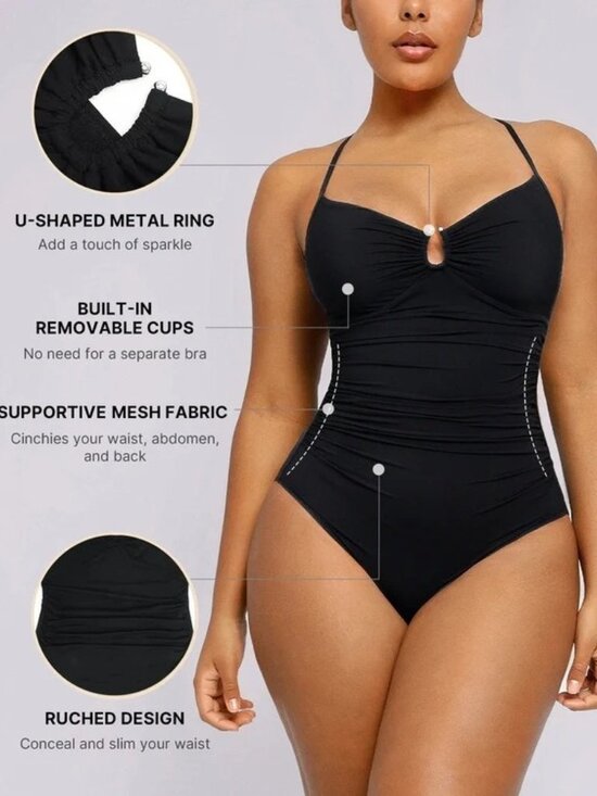 Small SHAPELLX  Shapewear Black U-Ring Tummy Control One Piece Swimsuit NWT - Picture 3 of 3